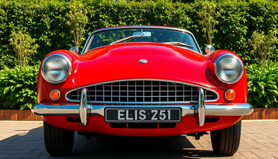 Bright red classic car parked in a garden setting for buying a classic car.