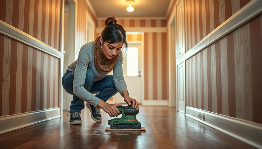 Woman sanding hardwood floors in a hallway with a hand sander.