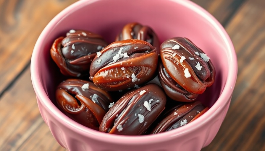 Healthy chocolate-covered dates with sea salt in a pink bowl.