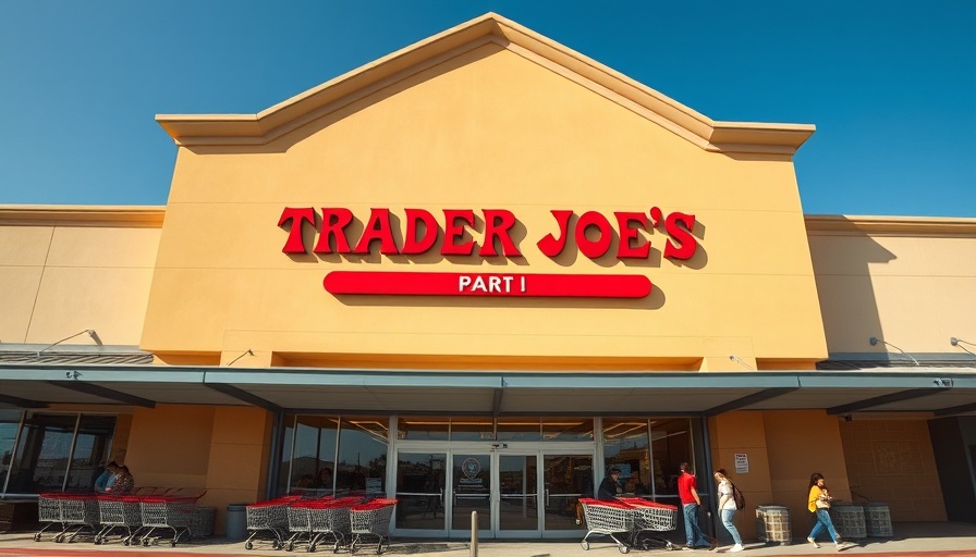 Trader Joe's store exterior with bright yellow and red facade in sunlight.