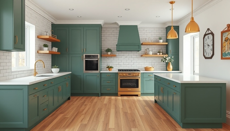 Modern kitchen with green cabinets and timeless color scheme.