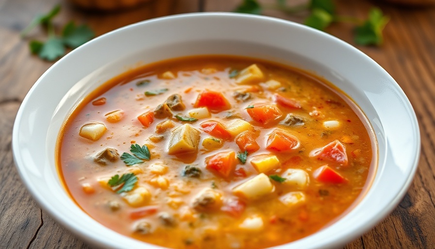 Creamy vegetable soup in a bowl on wooden table.