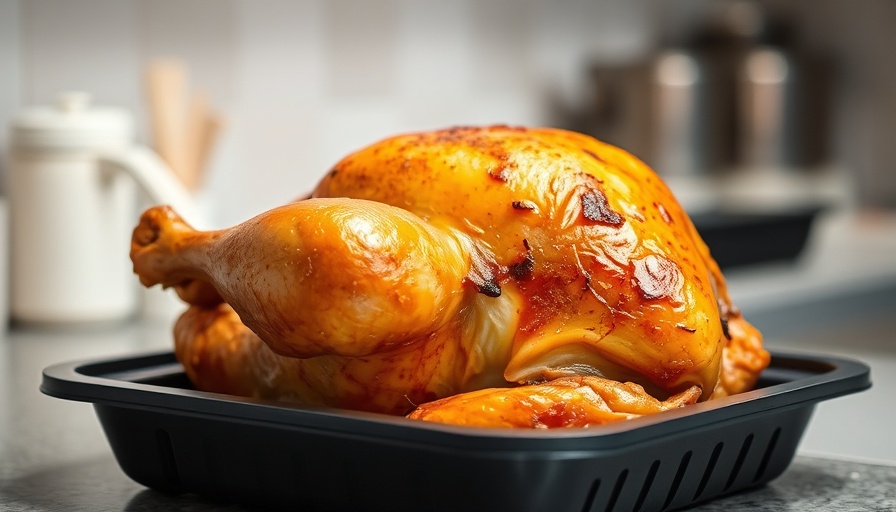 Golden rotisserie chicken showcasing crispy skin on black tray.