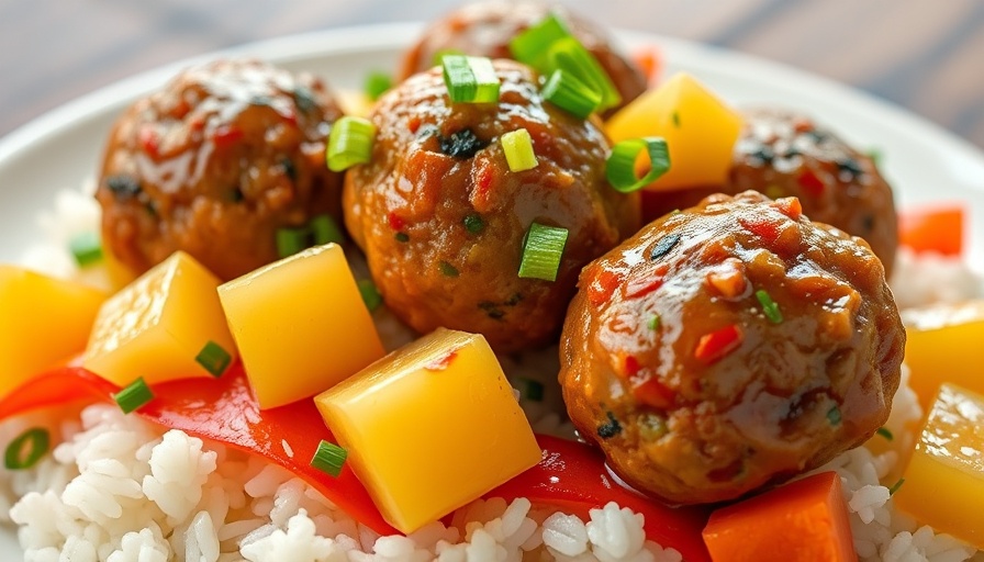 Delicious Hawaiian meatballs recipe with rice and vegetables.