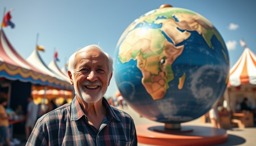 Man at eco-friendly event with a globe sculpture, outdoor fair setting.