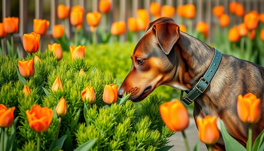 Brindle dog in a colorful, dog-friendly garden with tulips.