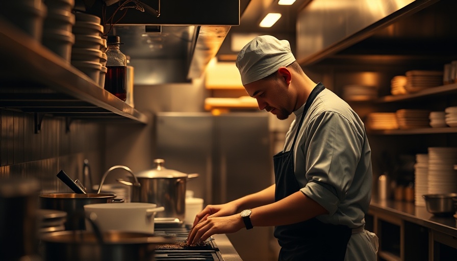 Dimly lit chef in an industrial kitchen, focusing on culinary work.