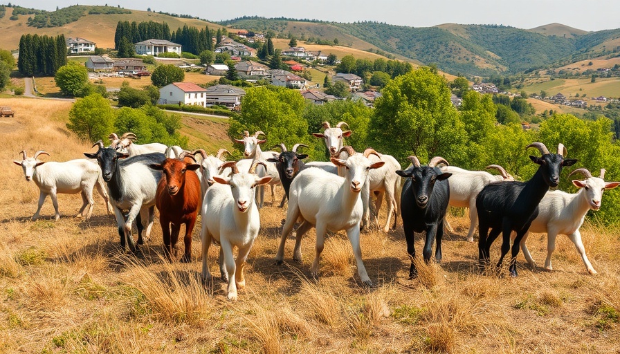 Goats grazing on hillside for wildfire protection near homes.