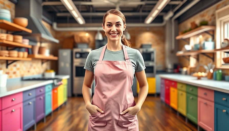 San Mateo baker in pink apron at Spring Baking Championship studio