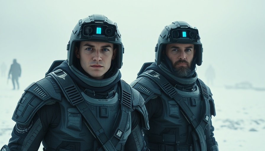 Two futuristic soldiers in a snowy landscape from Mickey 17 movie review