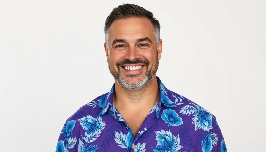 Smiling man at Marin storytelling event, wearing a floral shirt.