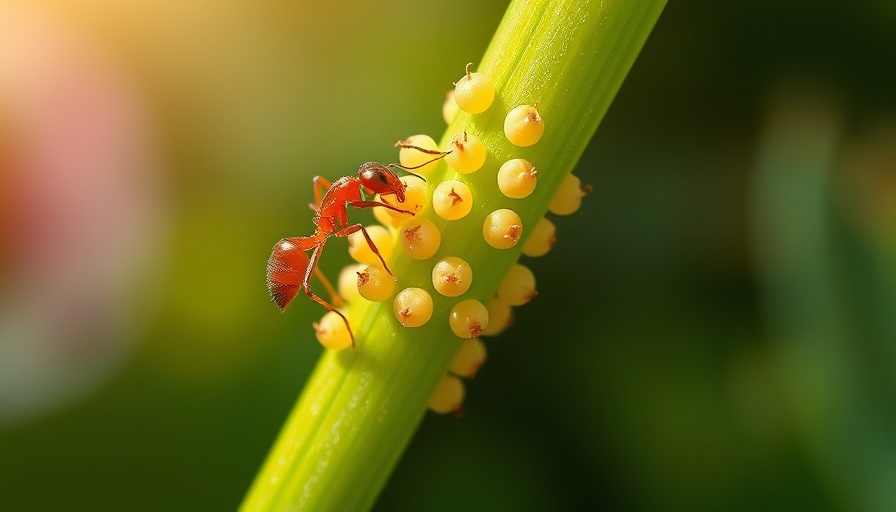 Close-up of ants and aphids on plant stem, nature interaction