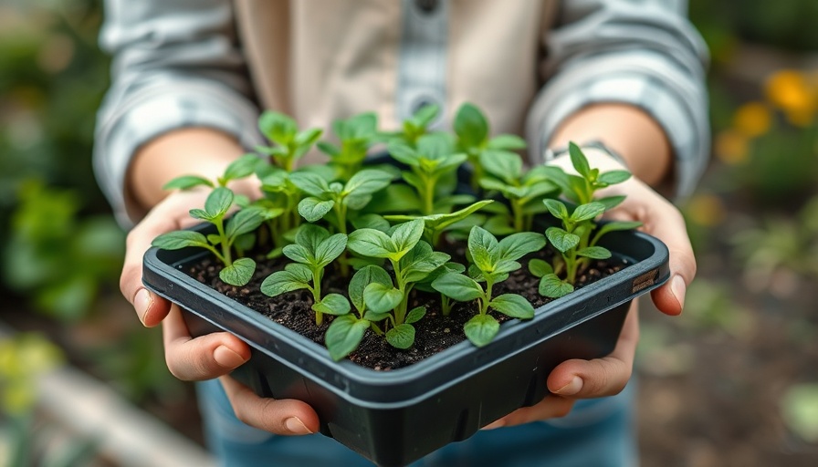 Spring garden seed starting prep with seedlings in a tray.