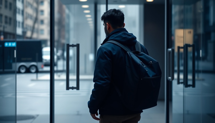 Laid-off worker turning in IT equipment at employee entrance.