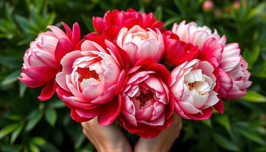 Bouquet of red and white peonies held in garden - how to grow peonies.