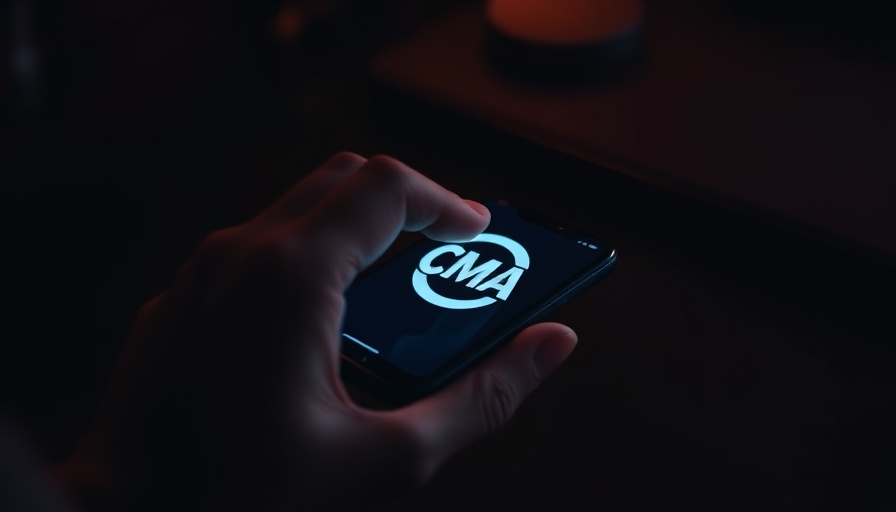 Smartphone displaying CMA logo under dim lighting and a hand interacting with it.