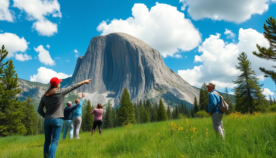 Tourists admire El Capitan at Yosemite, lush meadow scene.