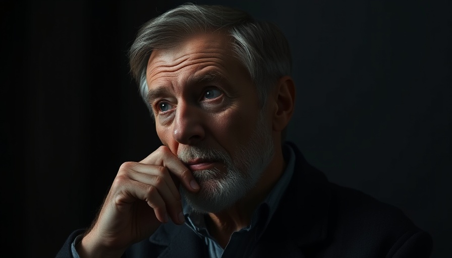 Contemplative pose in dark setting, Apple loses appeal context.