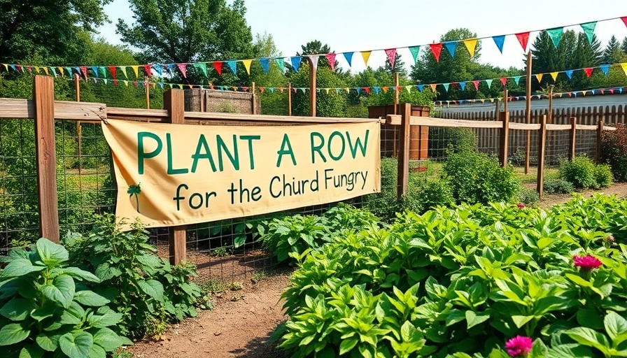Community garden with 'Plant a Row for the Hungry' banner under colorful flags.