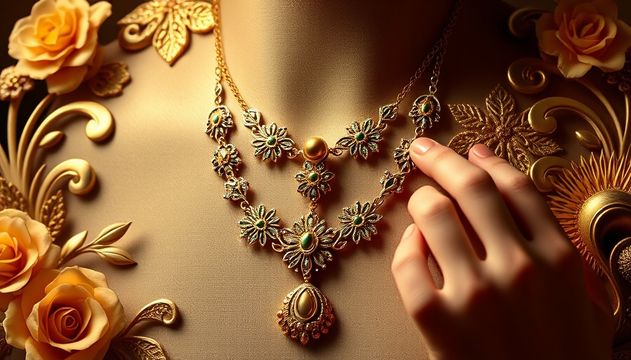Gold necklace display with intricate design and hand touching.