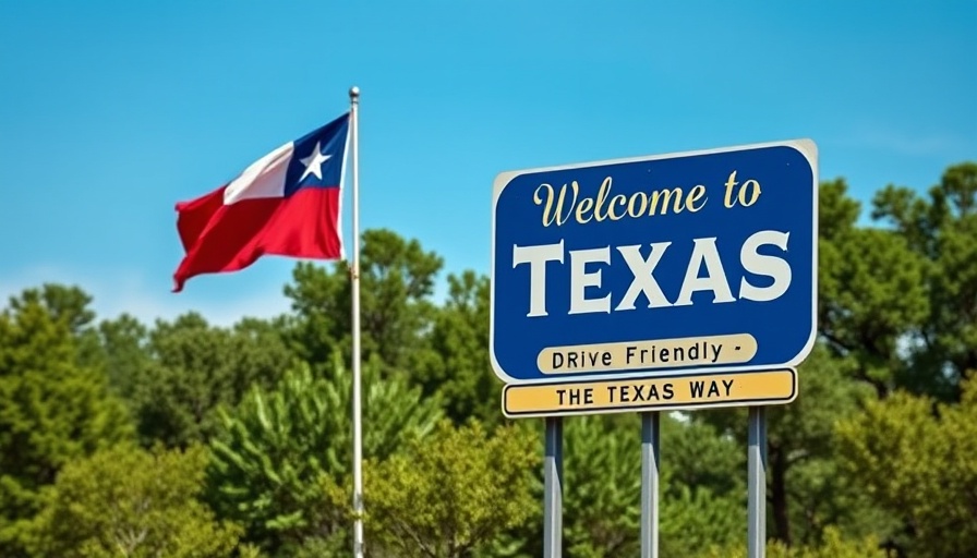 Welcome to Texas road sign with Texas flag and slogan.