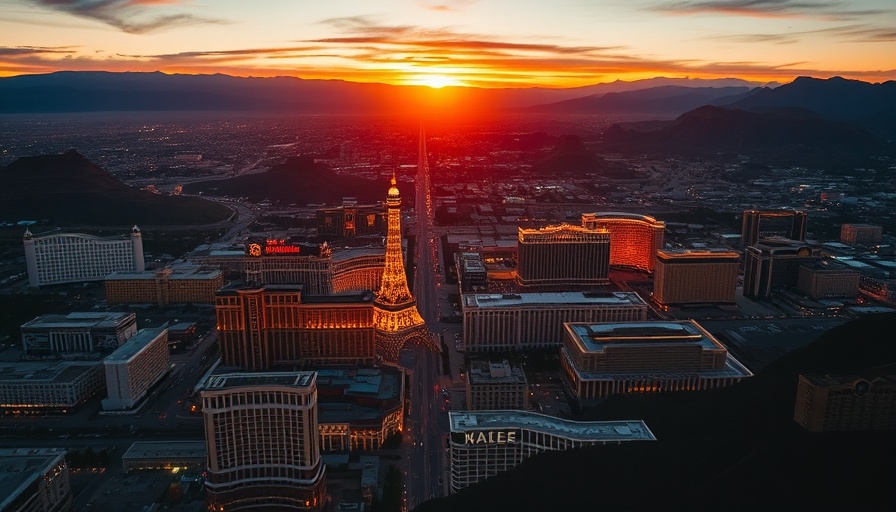 Aerial view of Las Vegas at sunset with vibrant cityscape.