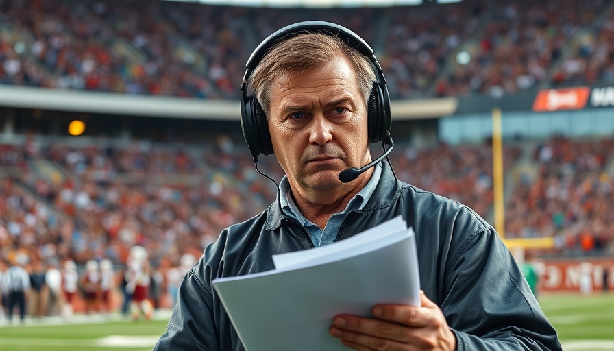 Middle-aged sports coach on-field, holding notes, stadium setting.