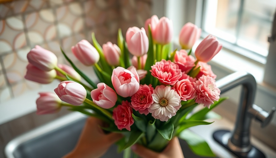 Trimming spring flowers by kitchen sink for home decor.