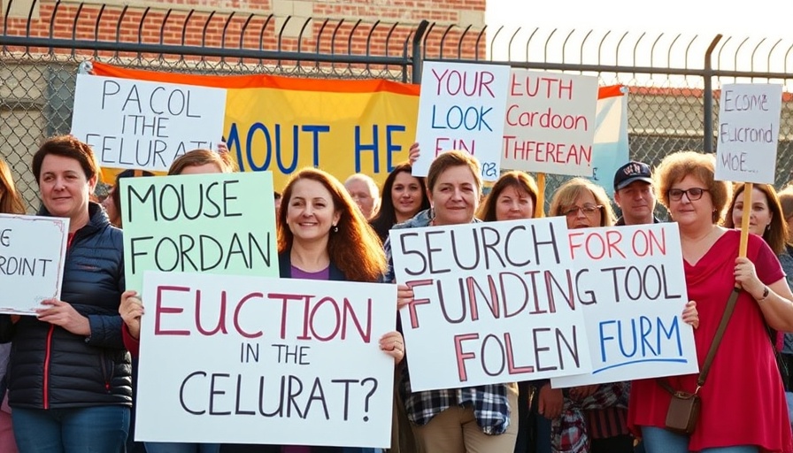 Public education funding protest outside school in morning light.