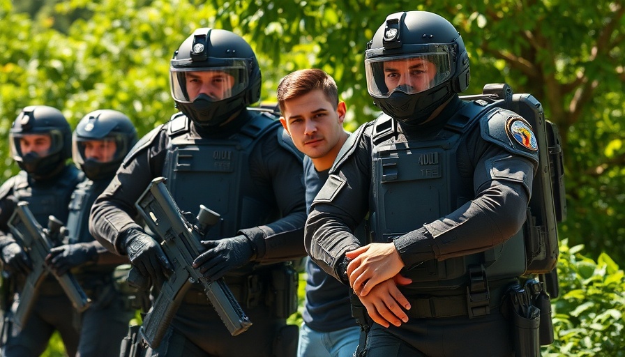 Police in tactical gear apprehend handcuffed individual outdoors.