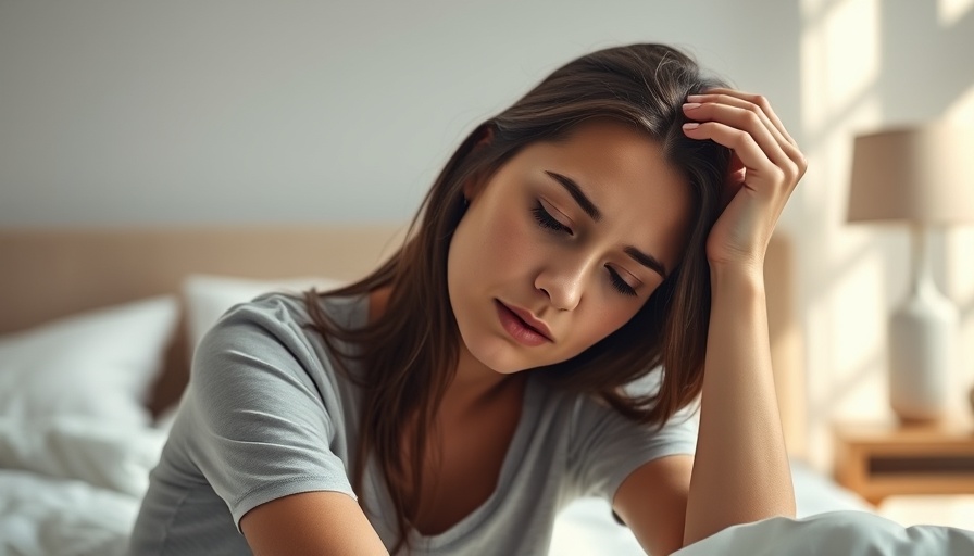 Woman experiencing fatigue, a potential symptom of colon cancer, in a bright bedroom.