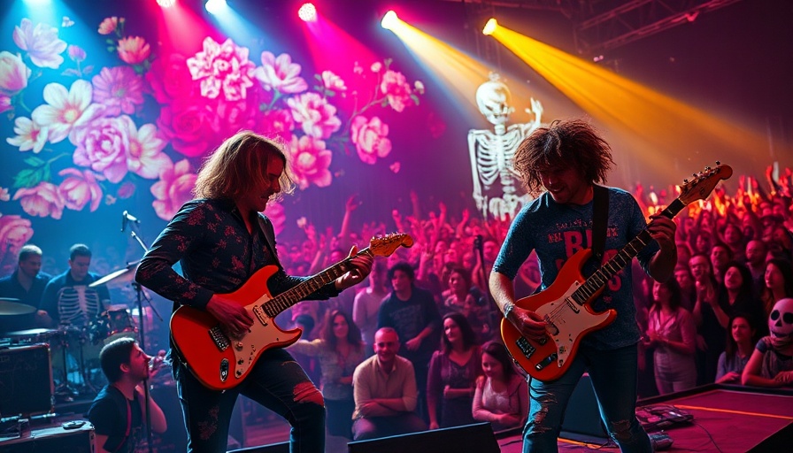Vibrant live concert scene with guitarists and colorful stage backdrop.