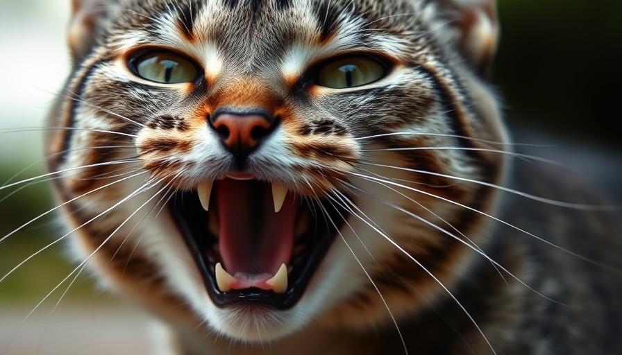 Close-up of a grey tabby cat yowling, mouth open, whiskers visible.