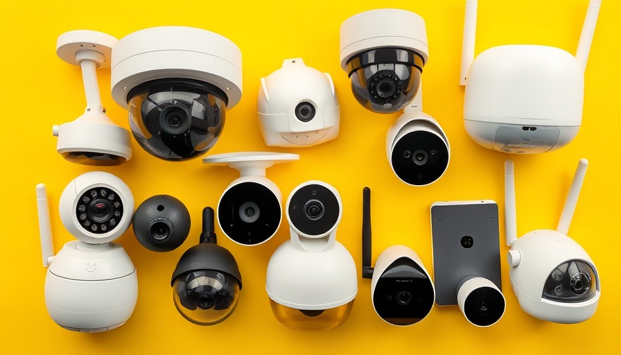 Assorted smart security cameras for seniors on yellow backdrop.