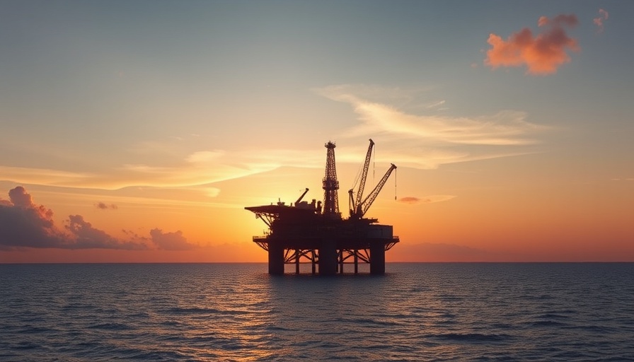 Dramatic offshore oil rig at sunset representing UK oil and gas demand and production.