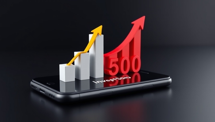 3D smartphone with bar chart and arrow on S&P 500, InvestingPro.