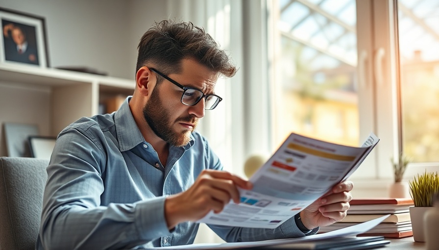 Man pondering debt consolidation options with credit statements.