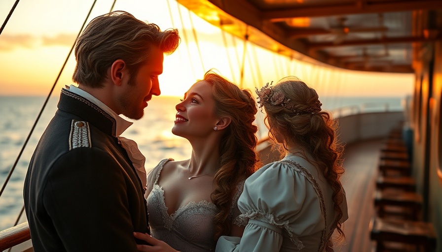 Romantic couple embracing at sunset on ship deck, Bay Area weekend events March 28-30.