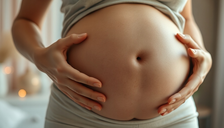 Pregnant belly with hands, managing pregnancy discomfort, warm lighting.