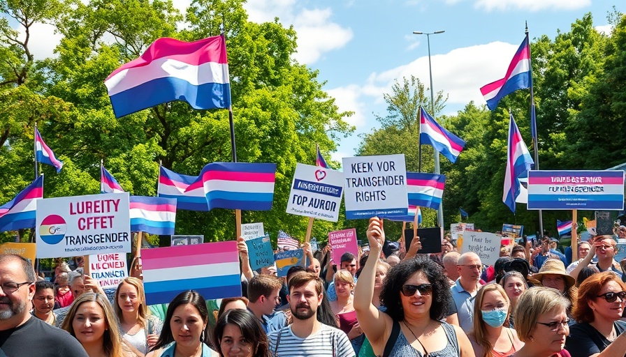 Vibrant protest for transgender rights in Kentfield with signs and flags.