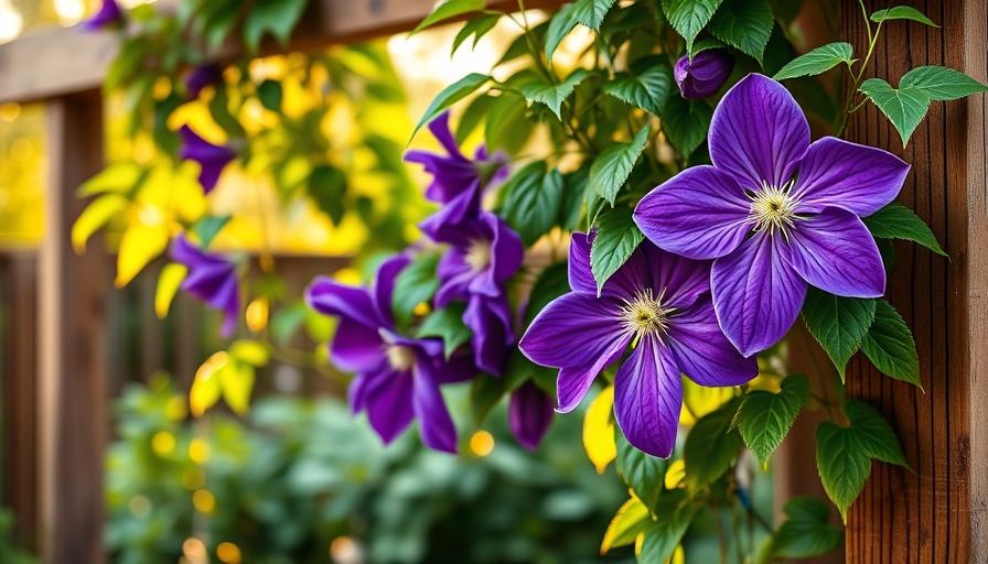 Purple clematis climbing a trellis in bright sunlight.