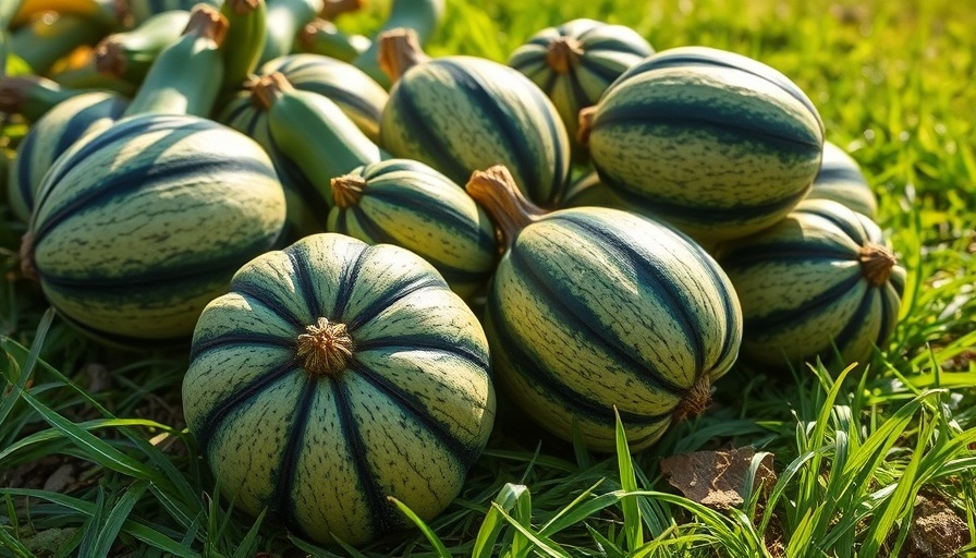 Lush cushaw squashes with green stripes in sunny garden.