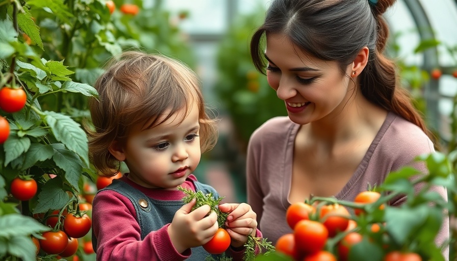 Mother and child in greenhouse learning from gardening, surrounded by plants.