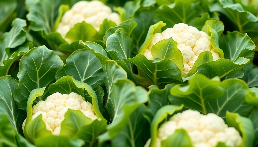 Healthy cauliflower plants, focus on leaves, no pests visible.