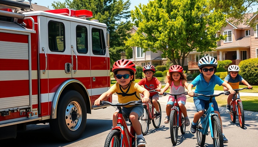 Children on bicycles passing a fire truck in a sunny neighborhood