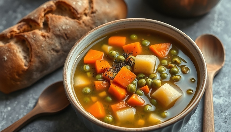 Homemade split pea soup recipe with rustic bread.