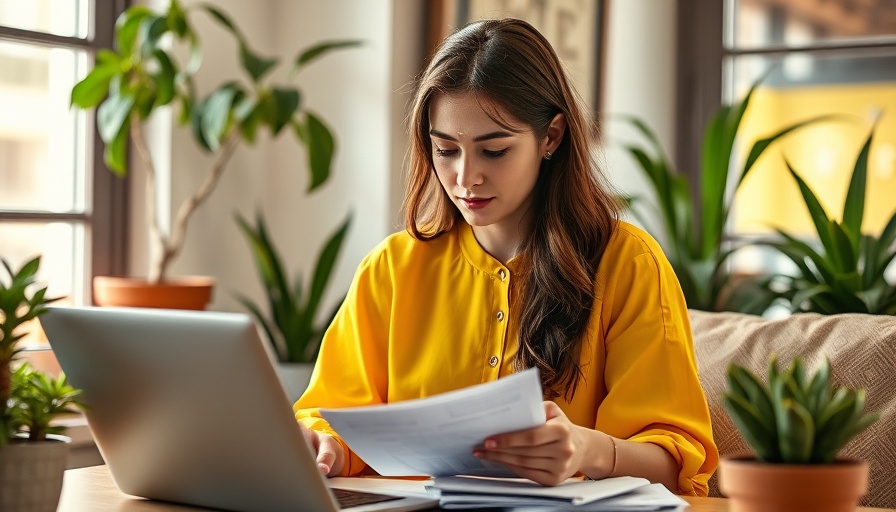 Focused woman in yellow blouse calculates DIY debt consolidation on laptop.