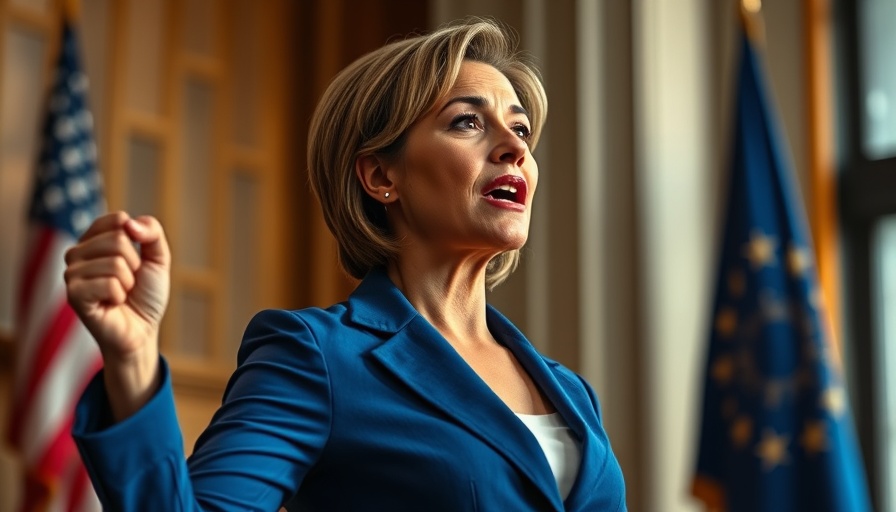 Confident woman speaking passionately about Maine sues Trump administration.