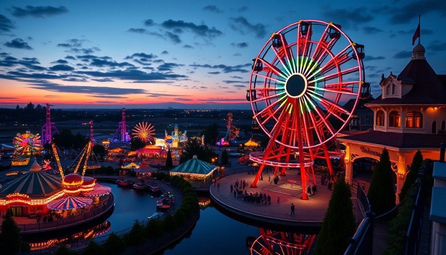 Vibrant Mickey Mouse Ferris wheel at Disneyland during dusk, reflecting in water.