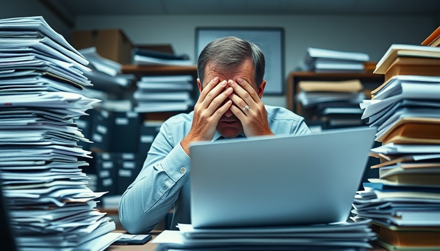 Businessman stressed by paper stacks, eyes covered, AI in recruitment.